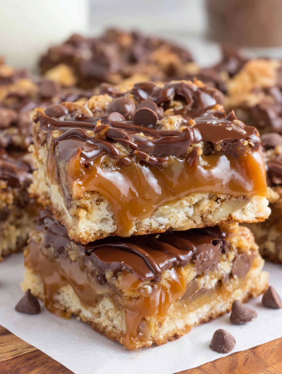 Carmelita oat bars with layers of soft caramel and semi-sweet chocolate under a golden crumble topping