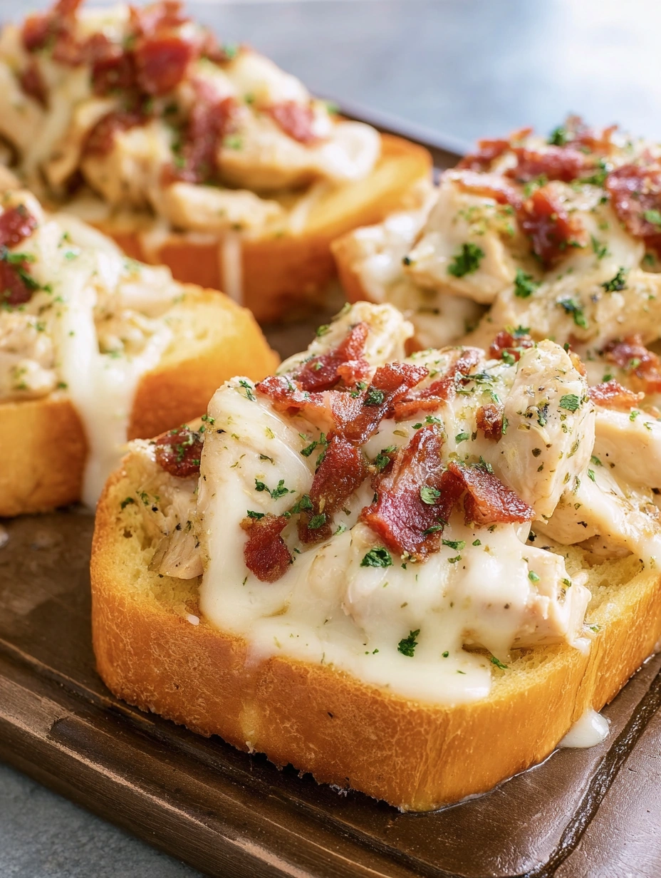 Crisp garlic Texas toast topped with seasoned chicken, creamy Alfredo sauce, melted mozzarella, bacon, and parsley