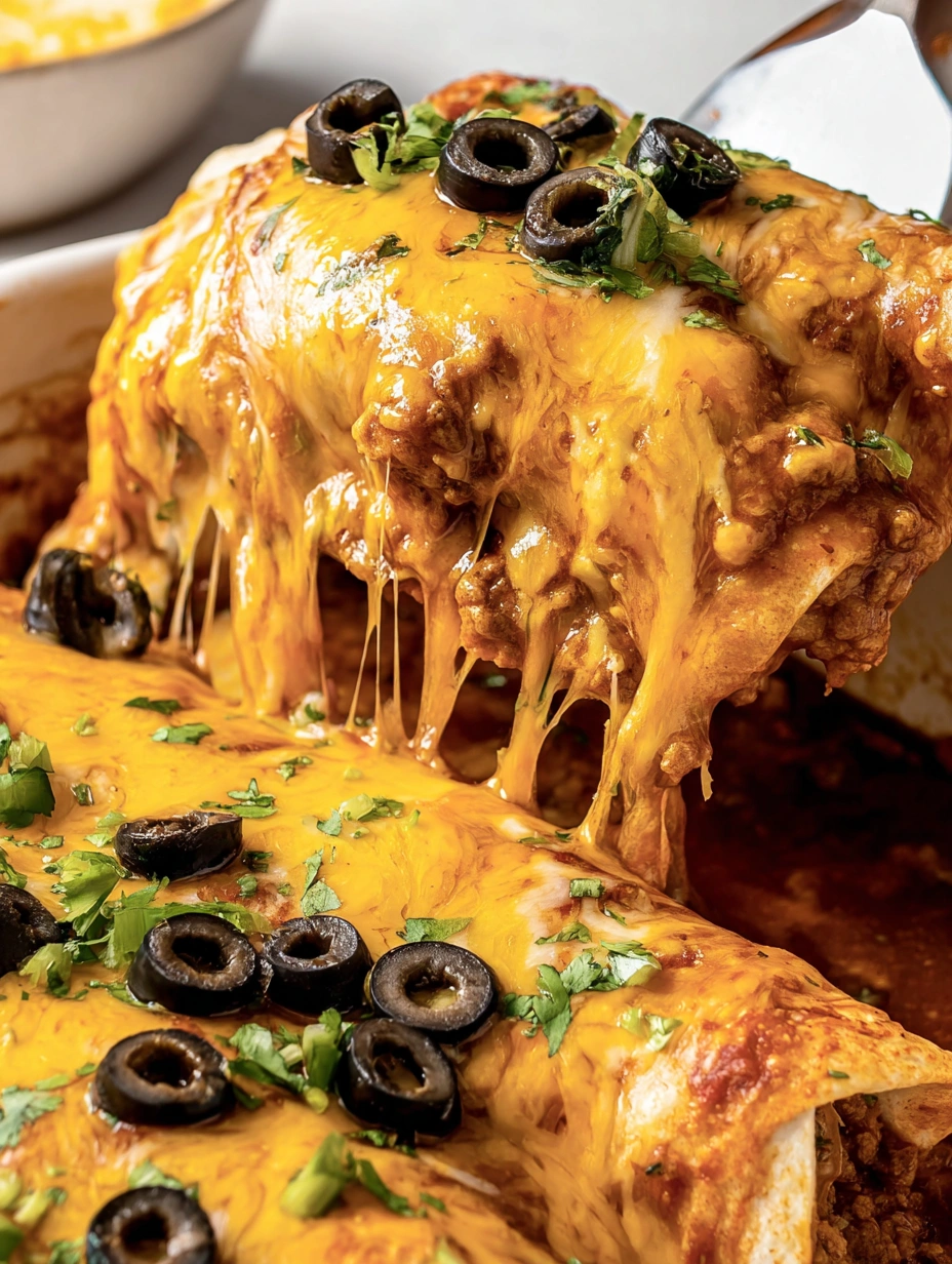 Baked enchiritos covered with red sauce, melted cheddar and Monterey Jack, olives, cilantro, sour cream, and green onions