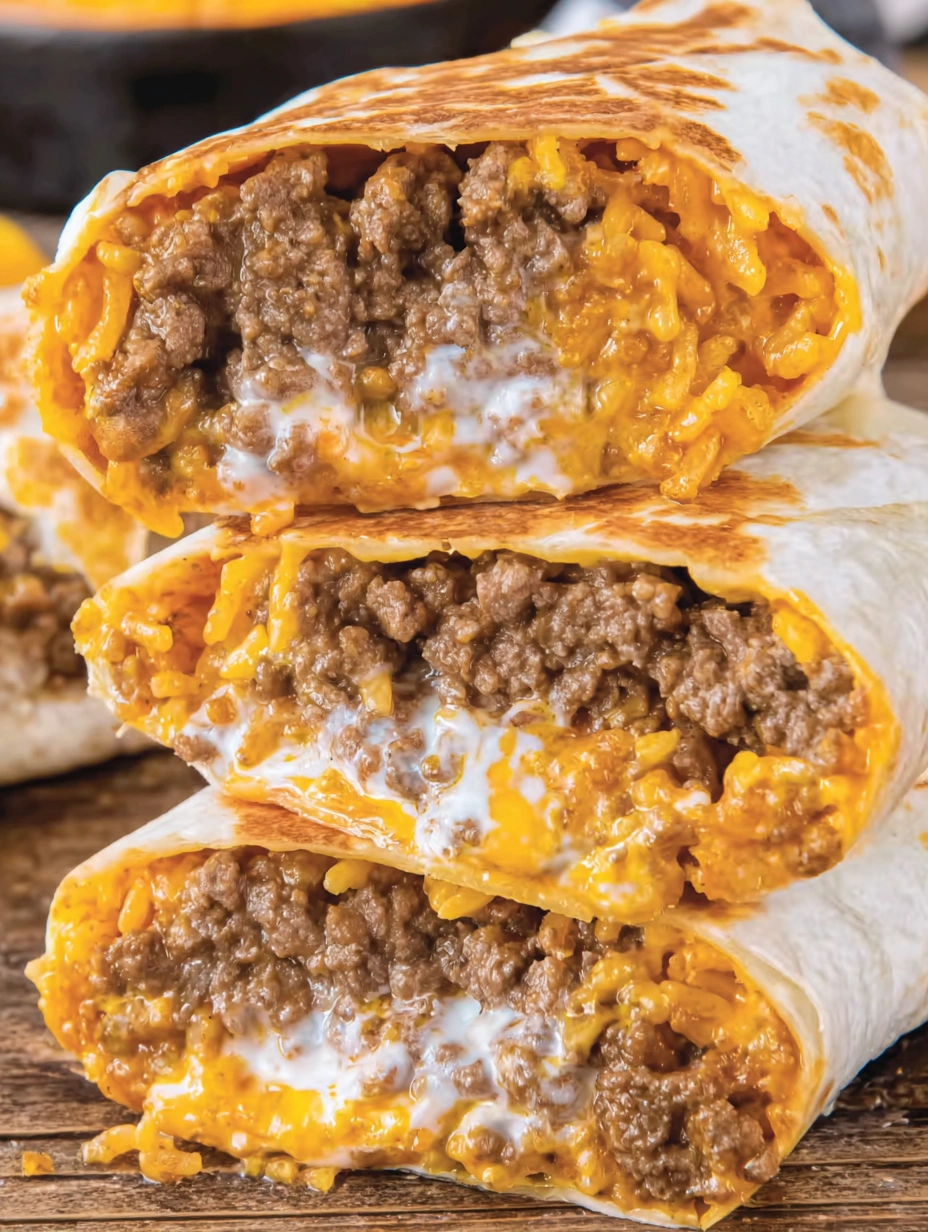 Toasted homemade beef quesarito cut open to show rice, seasoned meat, cheese, sour cream, and chipotle sauce