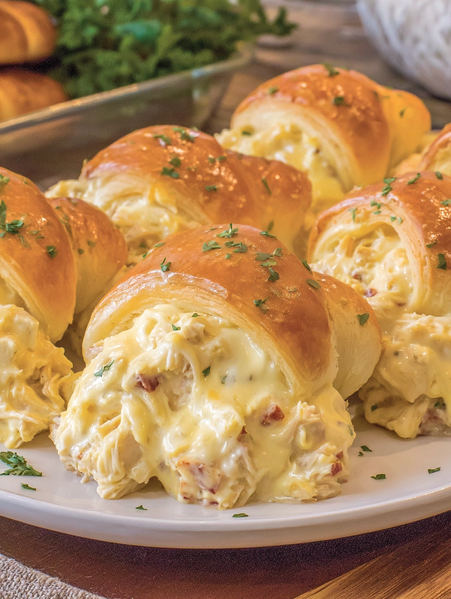 Golden cheesy chicken crescent rolls baked in a creamy cheddar sauce with bacon and parsley