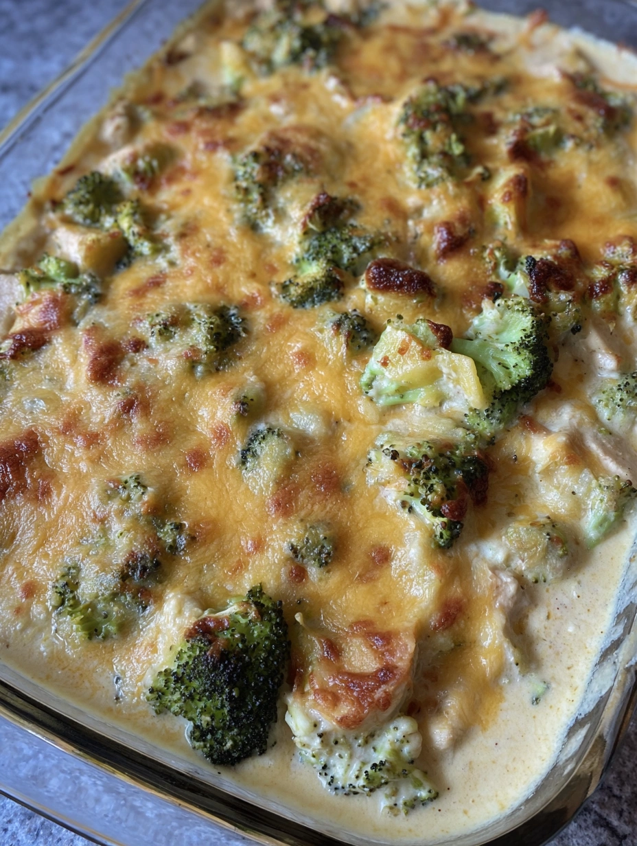 Golden chicken broccoli potato casserole in a creamy garlic sauce with melted cheese