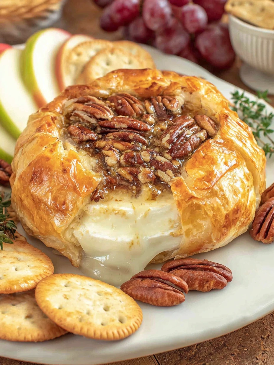 Golden air fryer puff pastry wrapped around melted brie with brown sugar and pecans