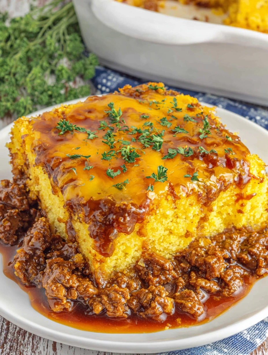 BBQ beef cornbread casserole cut into squares with a moist corn base, saucy beef, and melted cheddar