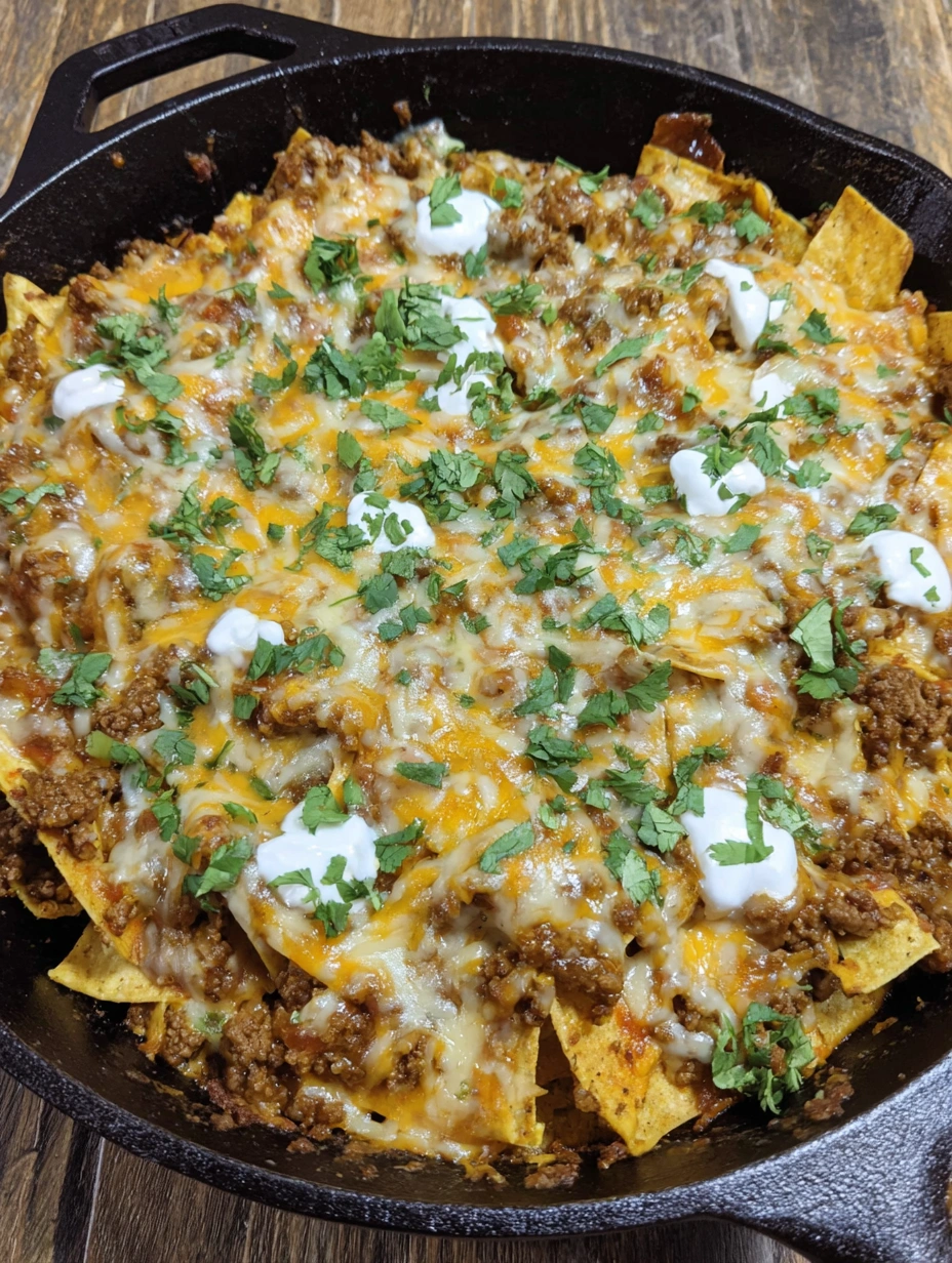 Cheesy beef enchilada skillet with saucy corn tortilla pieces, melted Chihuahua and Colby Jack cheese, cilantro, and sour cream