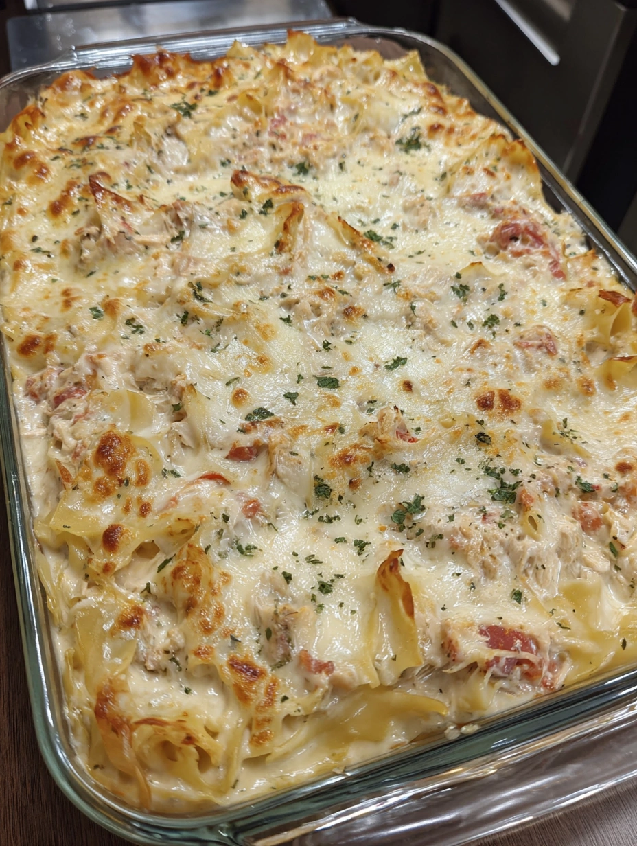 Creamy chicken spaghetti lasagna with layered noodles, mozzarella, cheddar, and a golden bubbling top