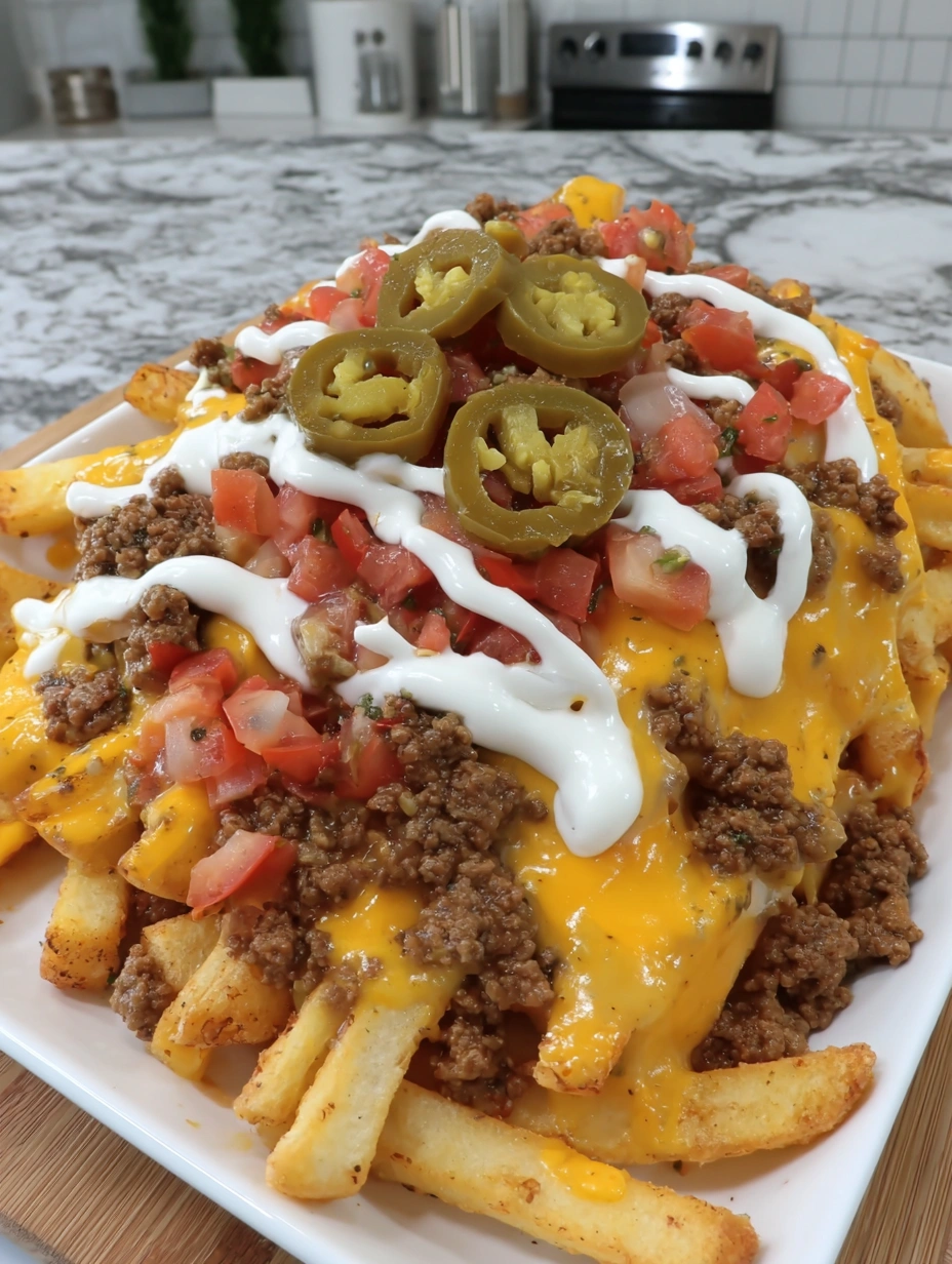 Crispy nacho fries topped with taco-seasoned beef, warm nacho cheese, sliced jalapeños, and sour cream