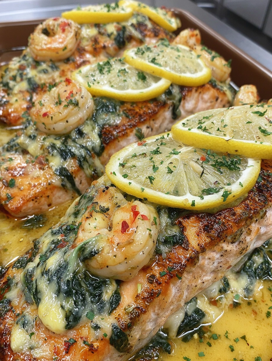 Honey glazed salmon fillets filled with creamy shrimp, spinach, and cheese and served with roasted lemon