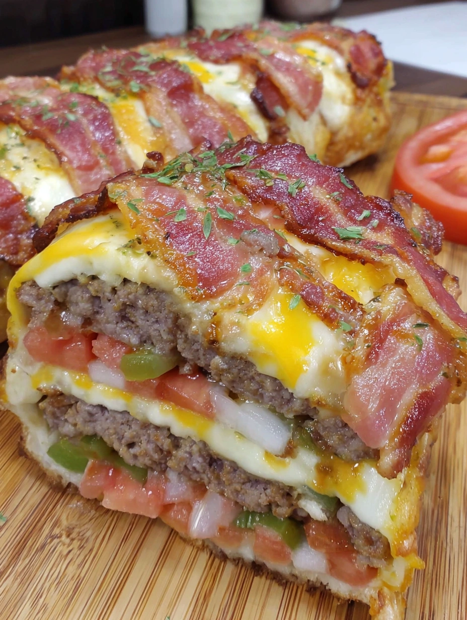 Golden layered cheese stick bacon cheeseburger casserole with seasoned beef, bacon, vegetables, and melted cheese