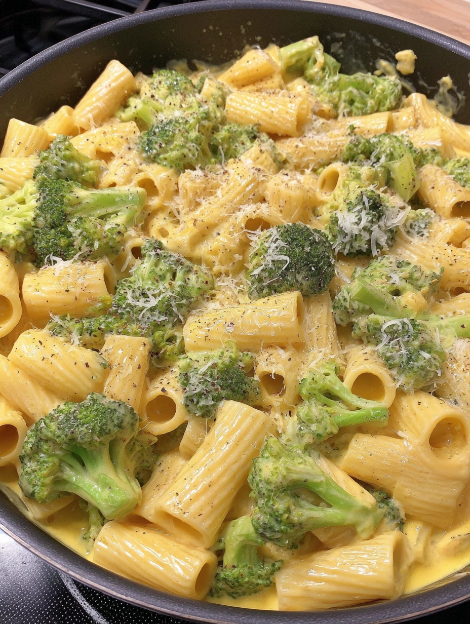 Creamy rigatoni coated in cheddar sauce with tender green broccoli florets