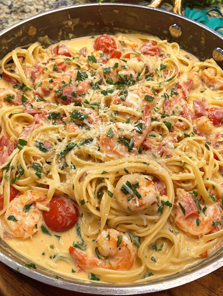 Creamy one-pot linguine with Cajun shrimp, cherry tomatoes, Parmesan, basil, and lemon