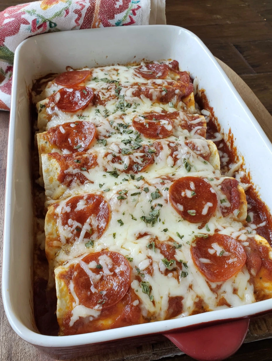 Baked pizza enchiladas topped with melted mozzarella and crisp mini pepperoni in a casserole dish
