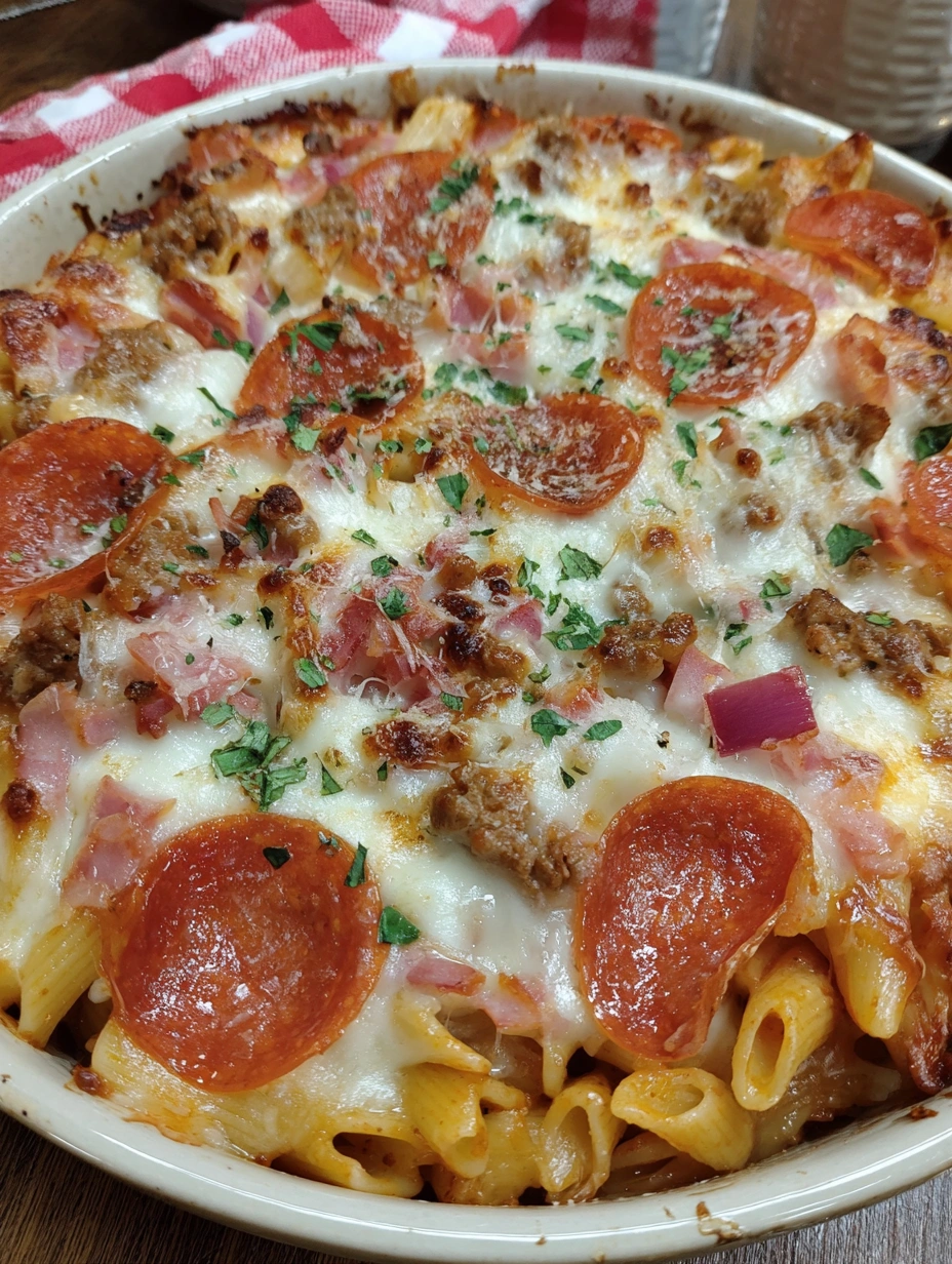 Bubbling pizza pasta bake with sausage, bacon, pepperoni, Canadian bacon, olives, and melted mozzarella