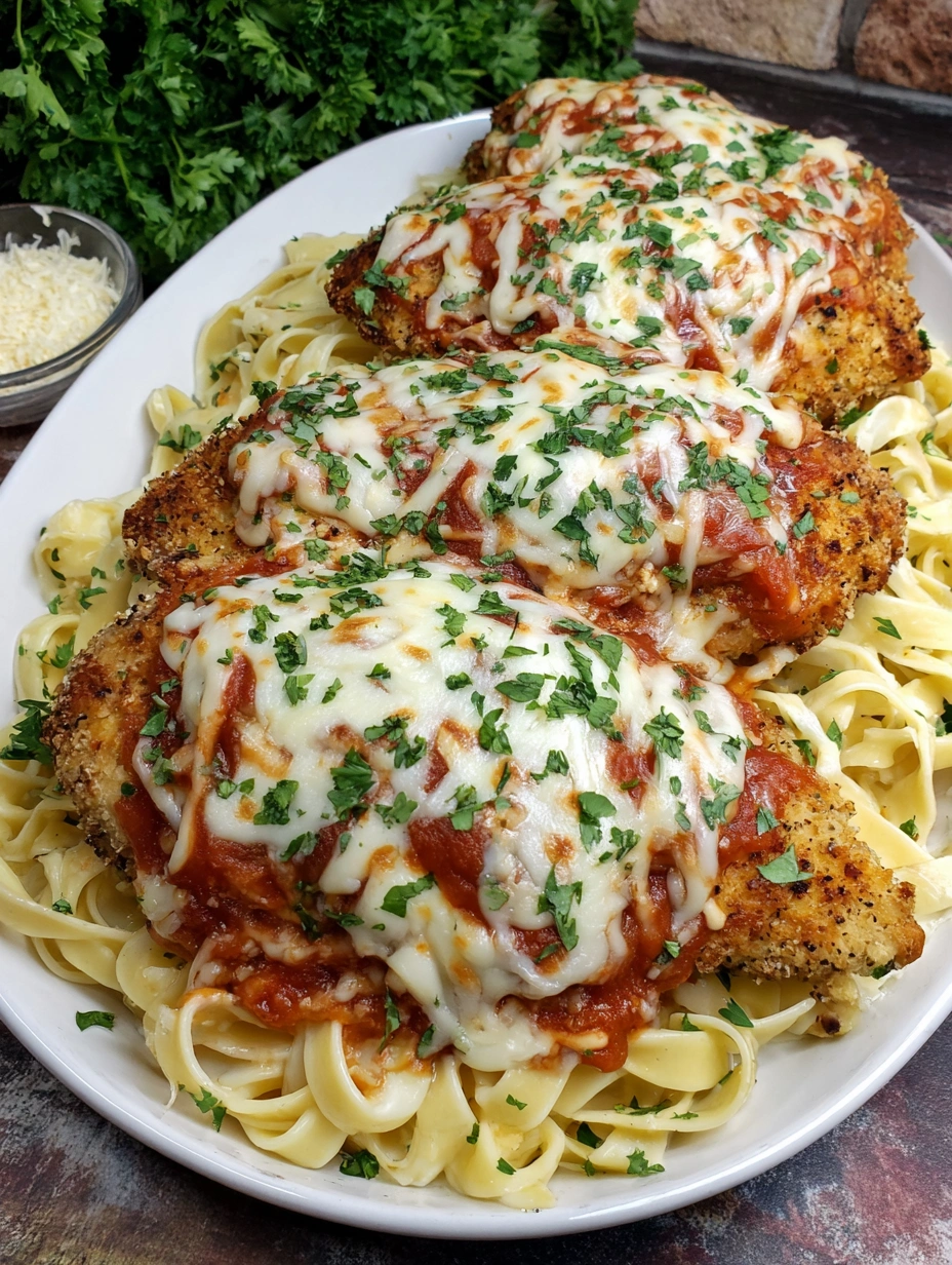 Golden chicken Parmesan with marinara and melted fresh mozzarella served over creamy fettuccine Alfredo