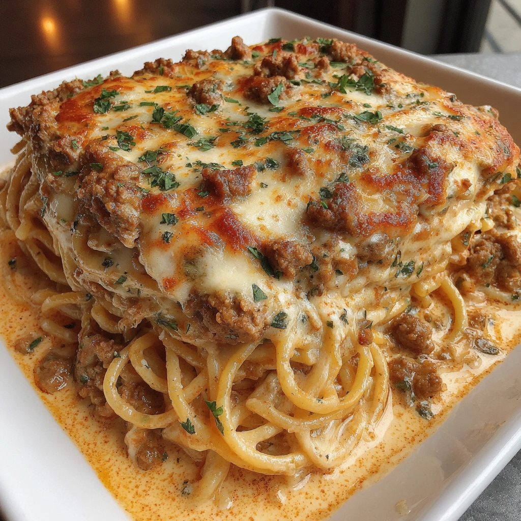 Million Dollar Baked Spaghetti with Alfredo and Meat Sauce