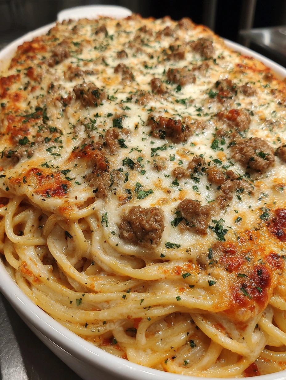 Million dollar baked spaghetti with creamy Alfredo, beef tomato sauce, and melted mozzarella