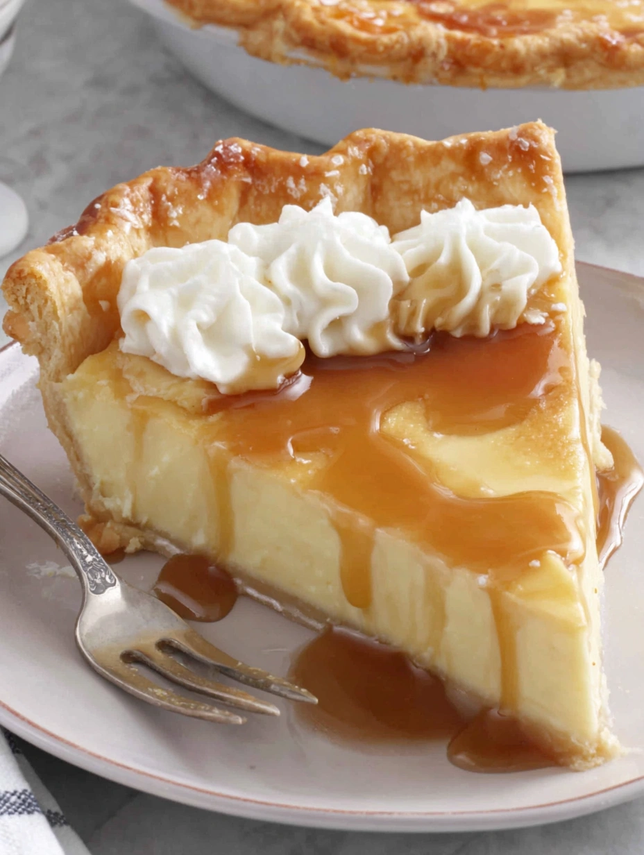 Golden honey custard pie in a flaky prebaked crust, ready to slice