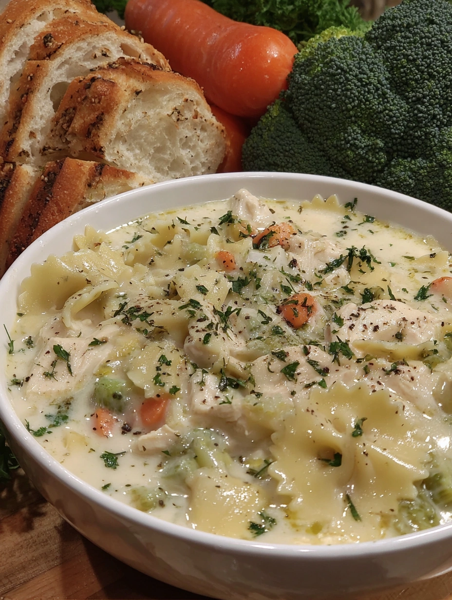 Creamy white chicken lasagna soup with broccoli, tender pasta pieces, vegetables, and Parmesan