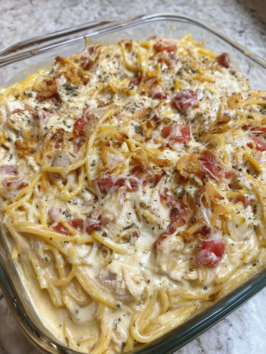 Creamy baked chicken spaghetti with tomatoes, green chiles, cheddar, queso blanco, and crisp fried onions