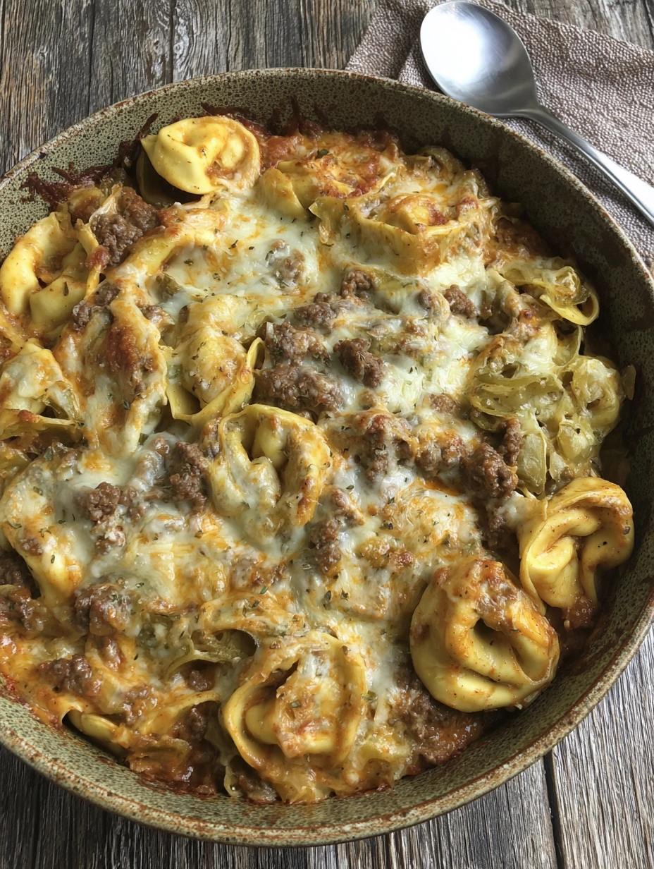 Creamy baked cheese tortellini with ground beef, tomato sauce, Boursin, and melted mozzarella