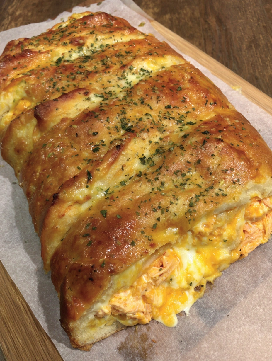Golden buffalo chicken stromboli filled with creamy chicken, cheddar, pepper jack, and buffalo sauce