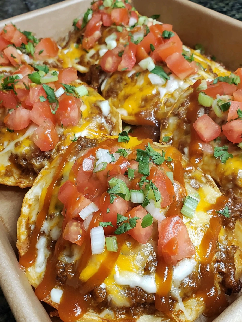Crispy layered Mexican pizza with seasoned beef, refried beans, melted cheese, tomatoes, and green onions