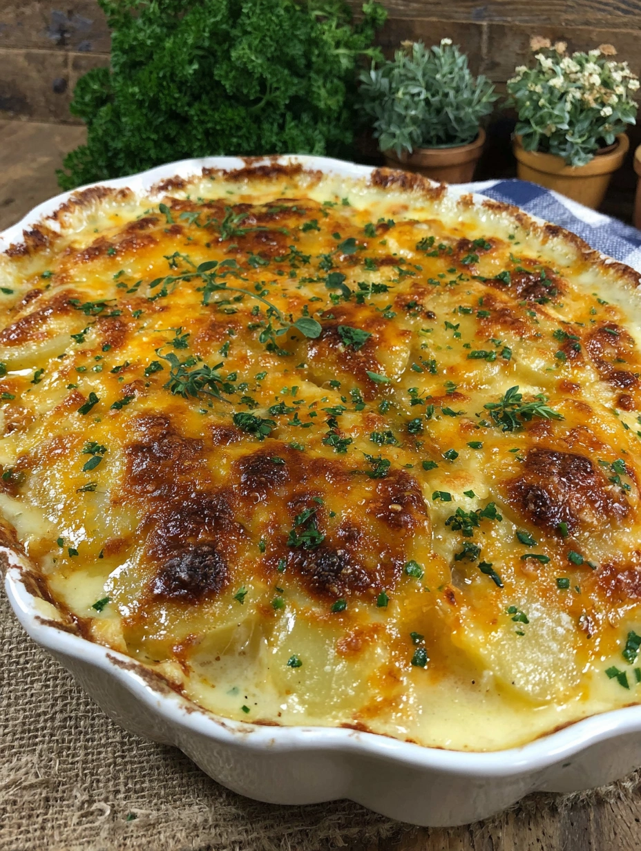 Cheesy Yukon Gold potatoes au gratin with a golden cheddar and smoked Gouda crust