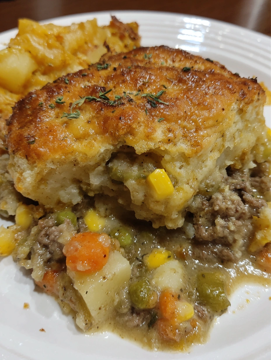 Creamy ground beef pot pie casserole topped with golden cheddar biscuits