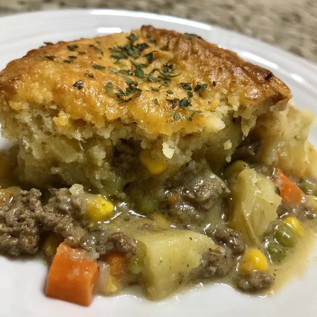 Easy Ground Beef Pot Pie Casserole with Cheddar Bay Biscuit Topping