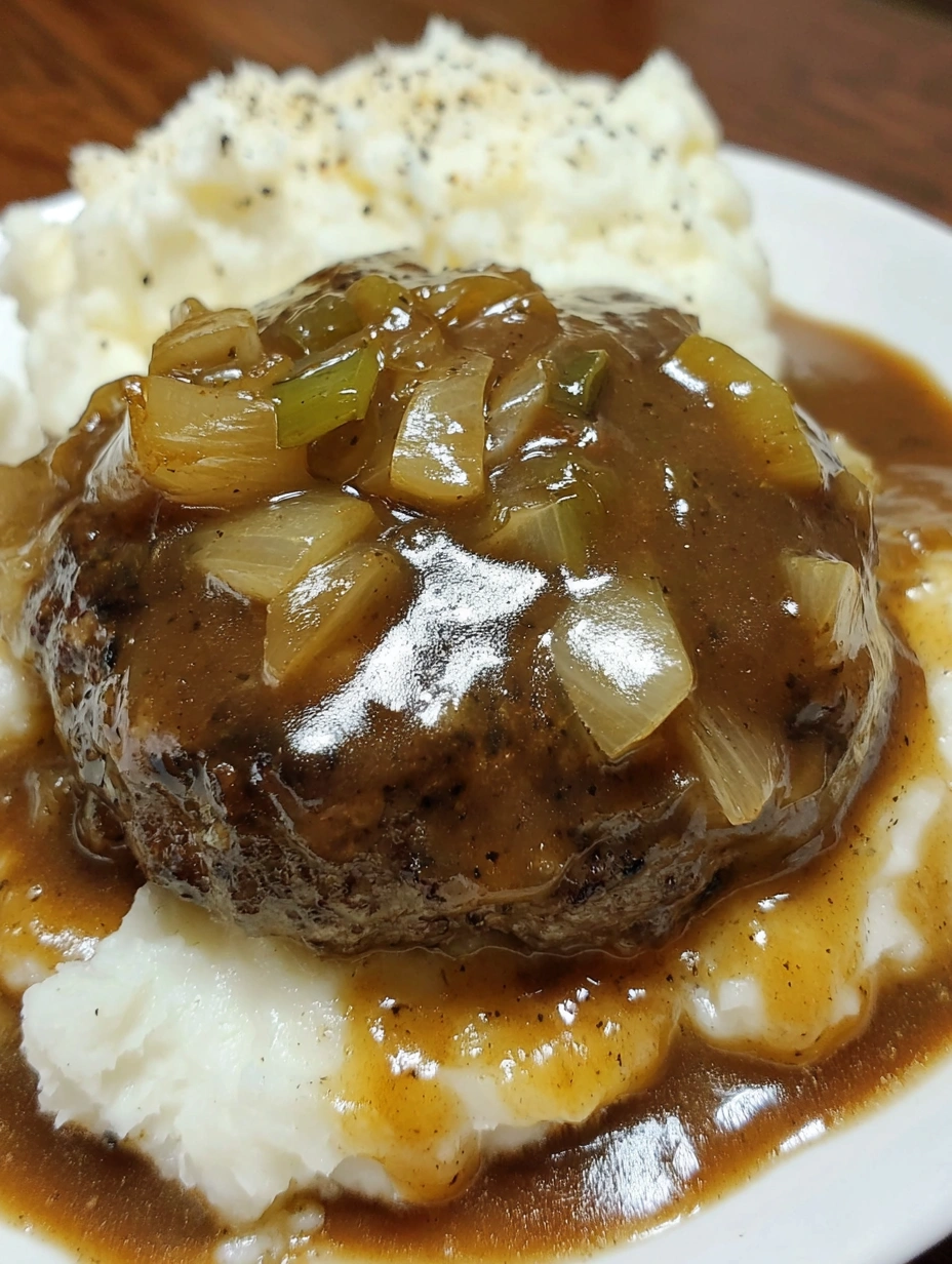 Hamburger steaks simmered in rich brown gravy with tender onions