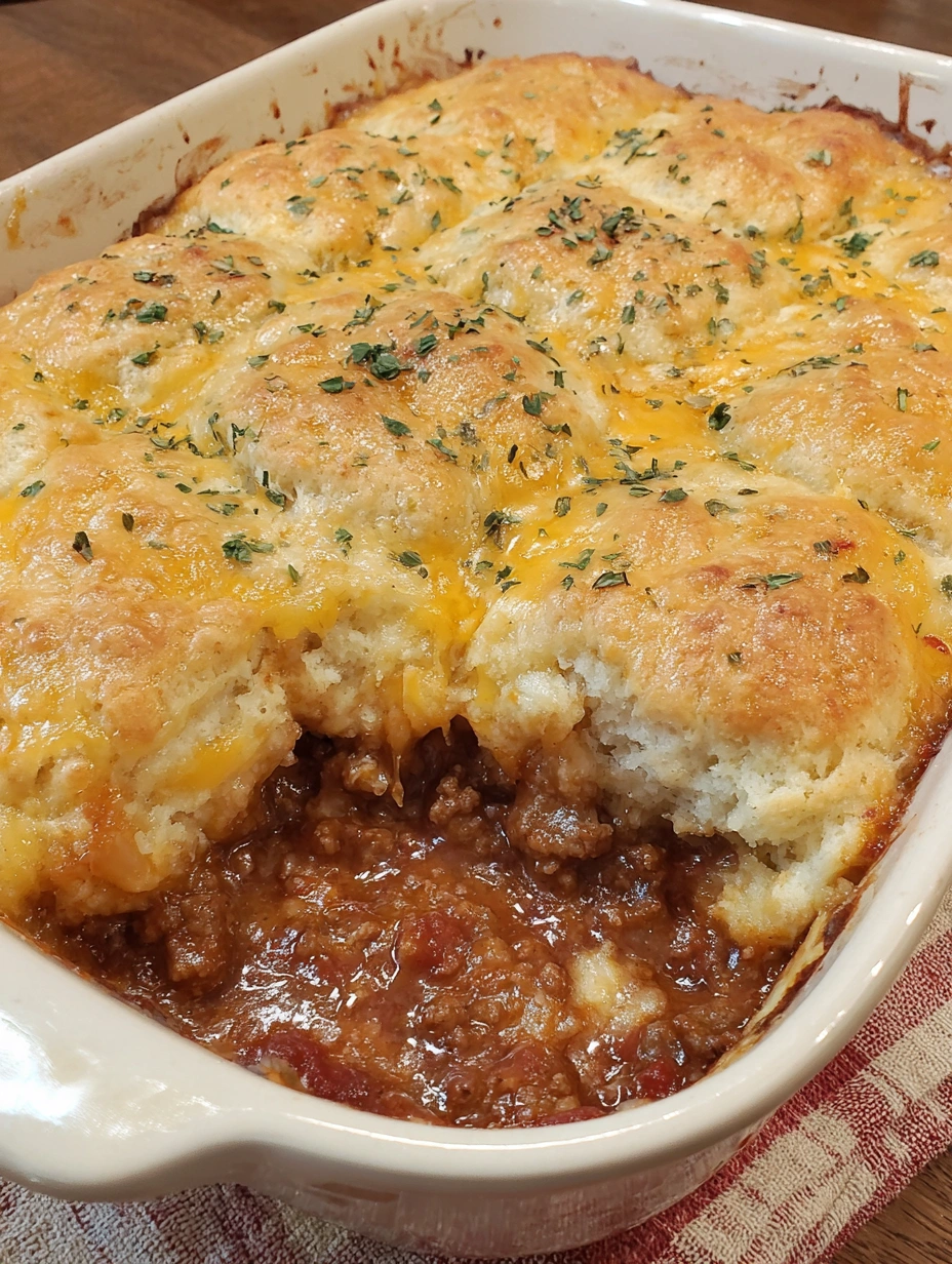 Sloppy Joe casserole with golden cheddar biscuit topping and seasoned butter