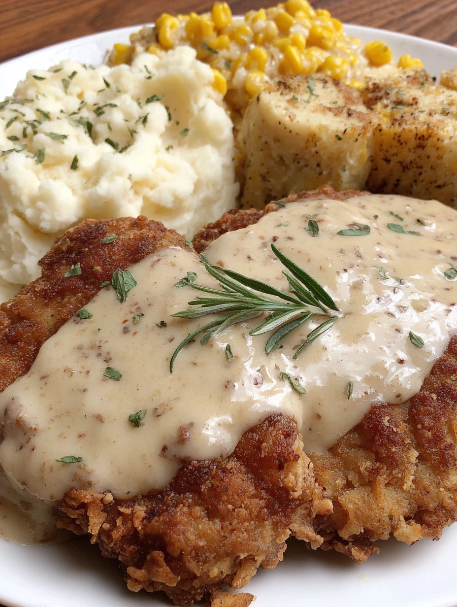 Crispy chicken fried steak served with creamy peppered white gravy