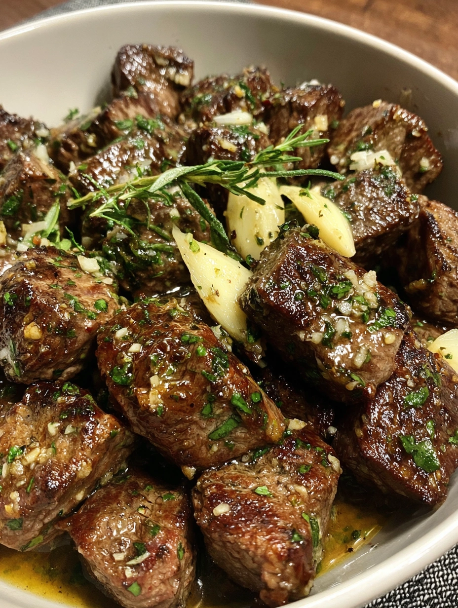 Garlic butter steak bites browned in a skillet and coated with fresh garlic and parsley butter