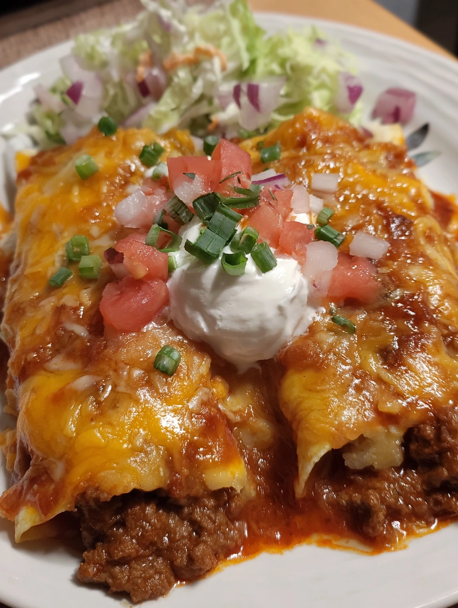 Ground beef and potato enchiladas baked in red sauce with melted cheddar and pepper jack