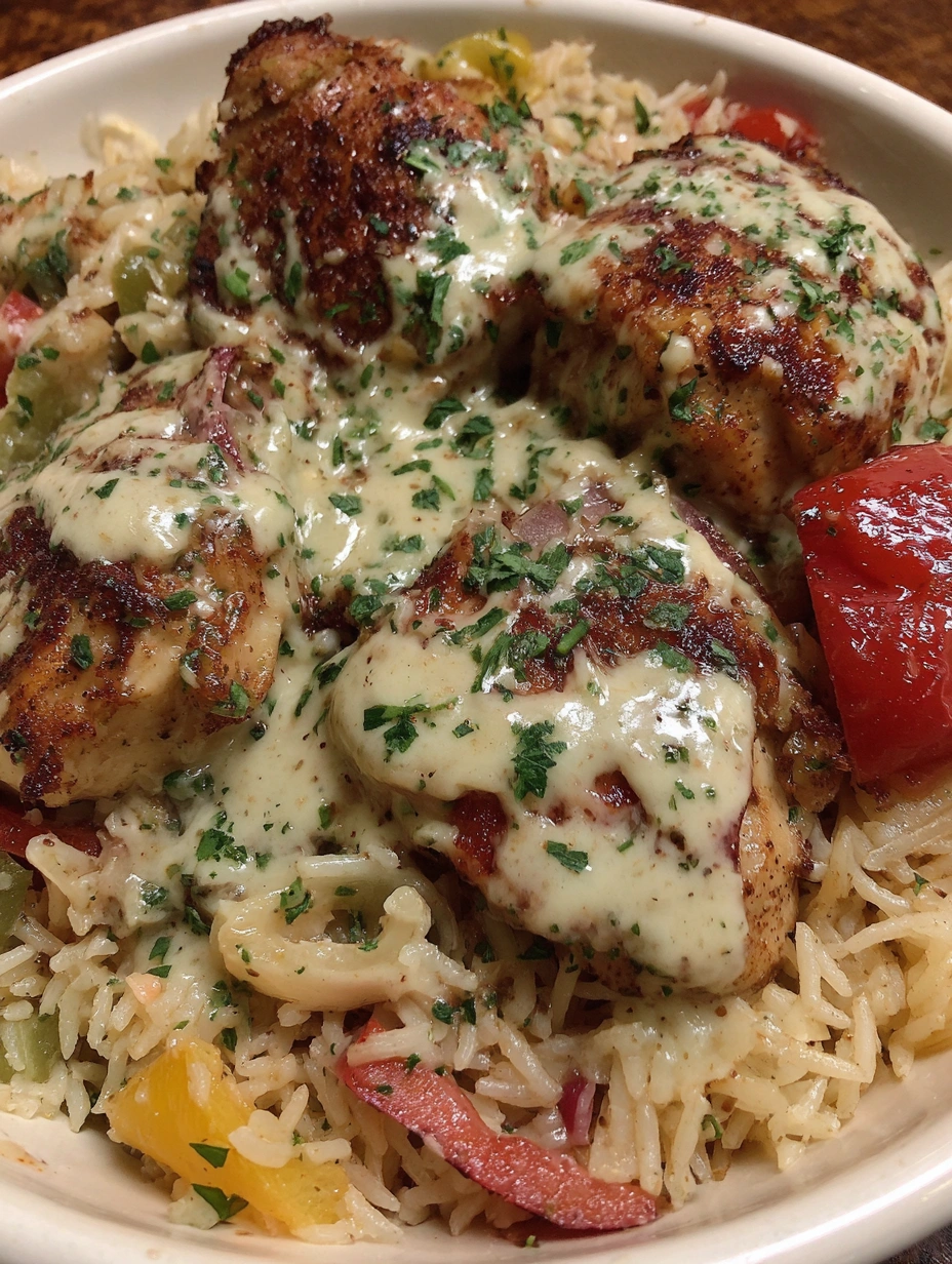 Cajun chicken served over pepper and tomato rice with creamy garlic Parmesan sauce