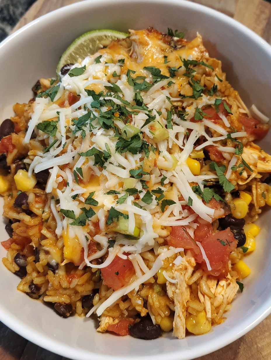 Southwest chicken and rice casserole baked with black beans, corn, tomatoes, and melted cheddar and pepper jack