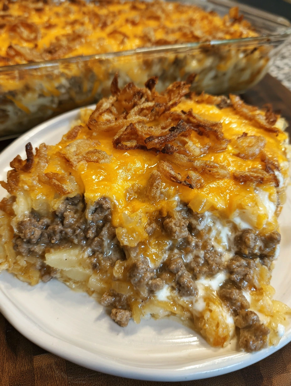 Cheesy French onion hamburger casserole with tender potatoes, seasoned beef, creamy sauce, melted Colby Jack, and fried onions