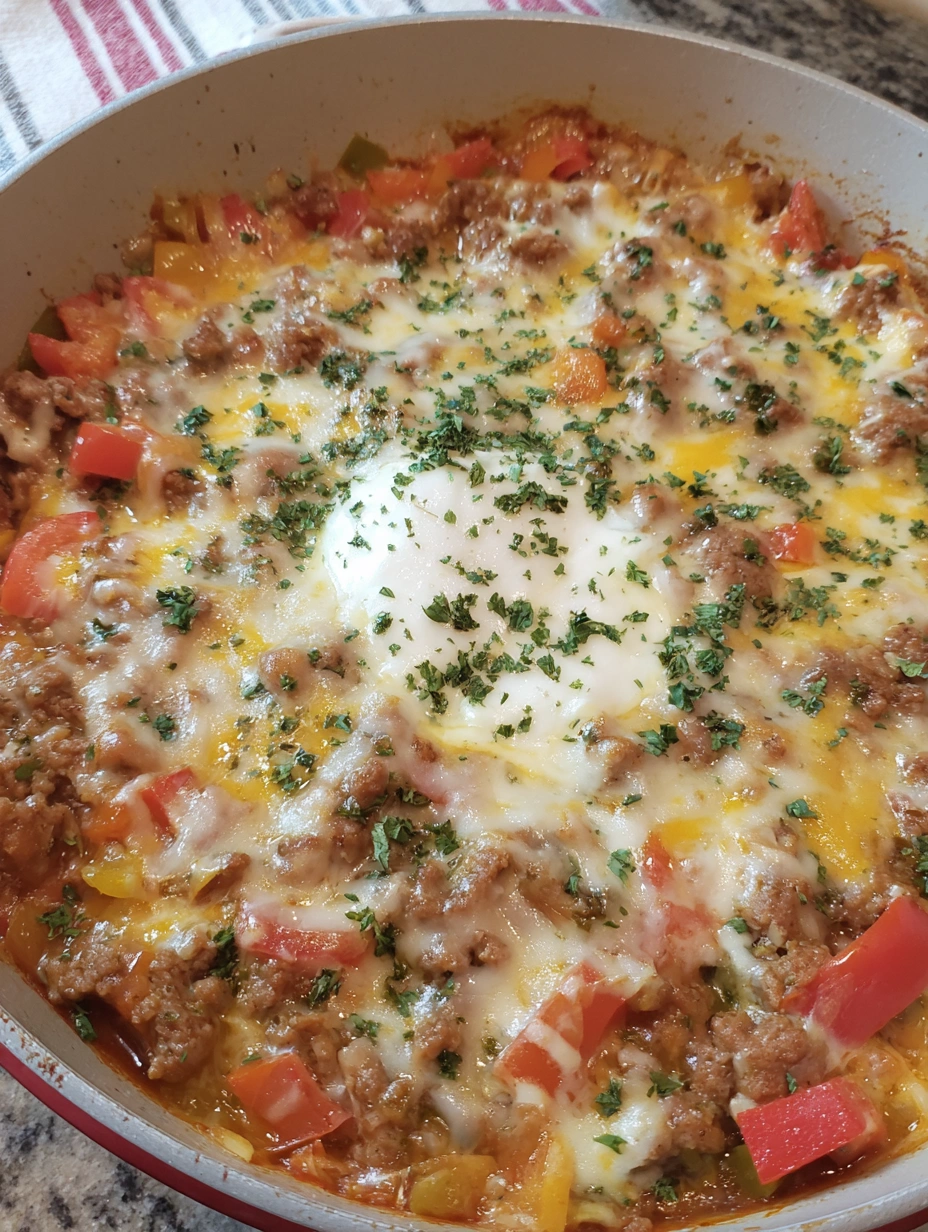 One-pan unstuffed pepper skillet with ground beef, colorful bell peppers, rice, tomatoes, and melted cheese