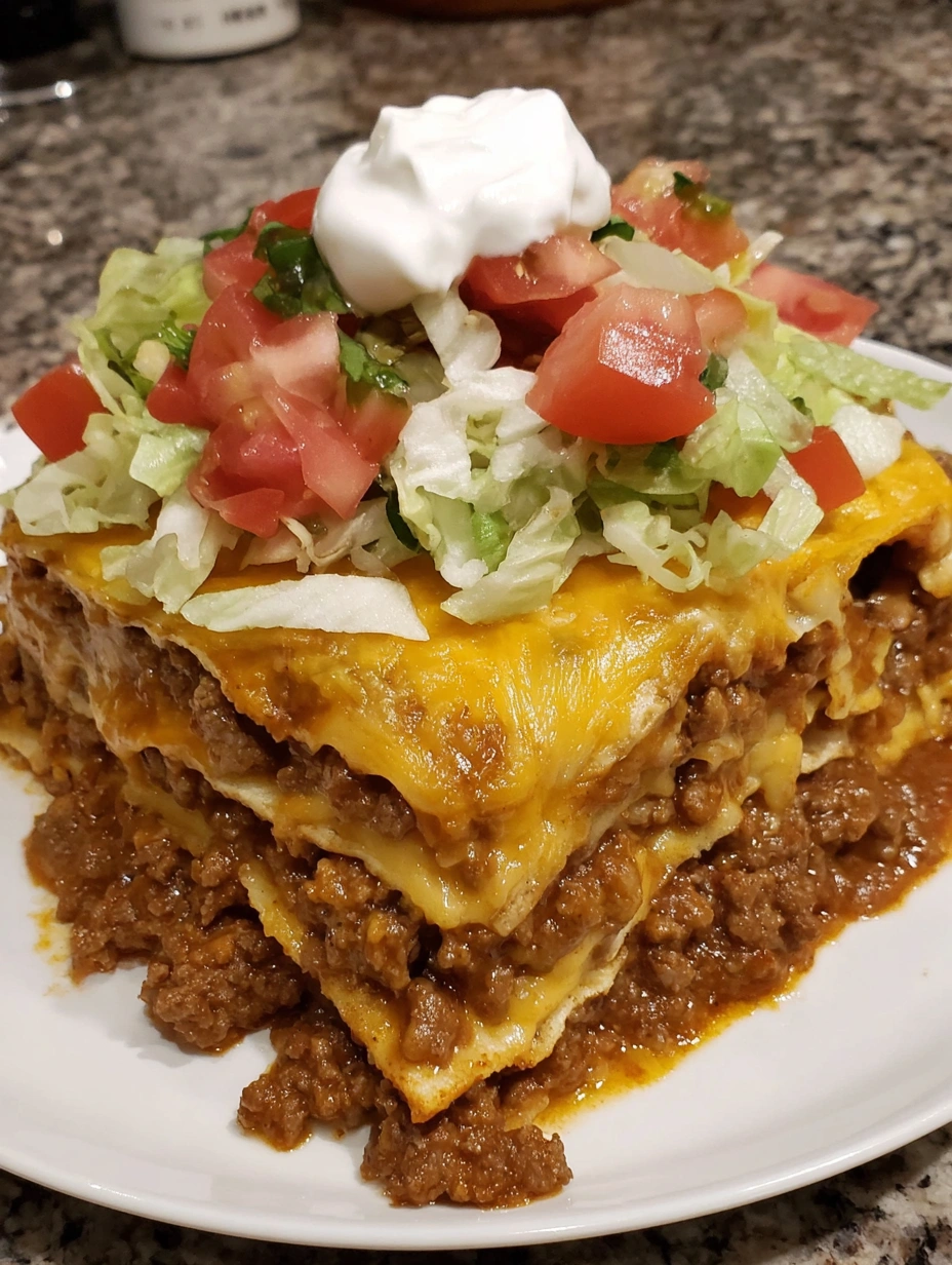 Taco lasagna baked in layers with seasoned beef, rice, corn tortillas, refried beans, and melted cheese
