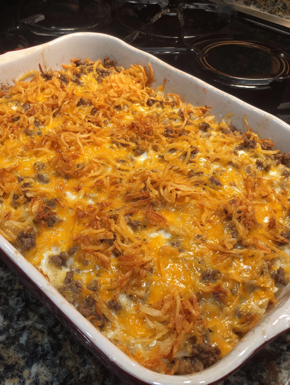 Cheesy hash brown hamburger casserole baked with melted cheddar and crisp fried onions