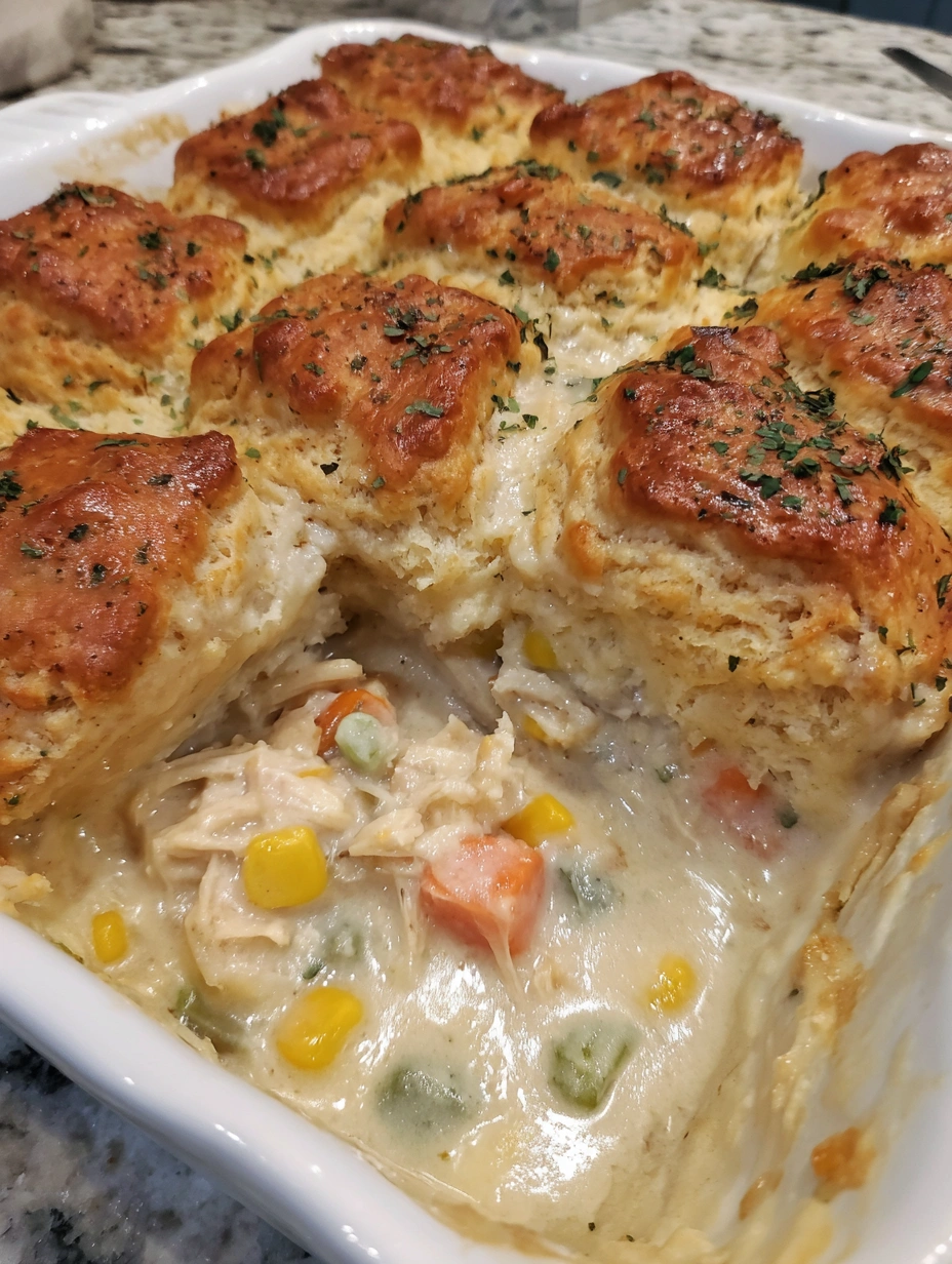 Baked Cheddar Bay chicken pot pie with golden biscuit topping over creamy chicken and vegetables