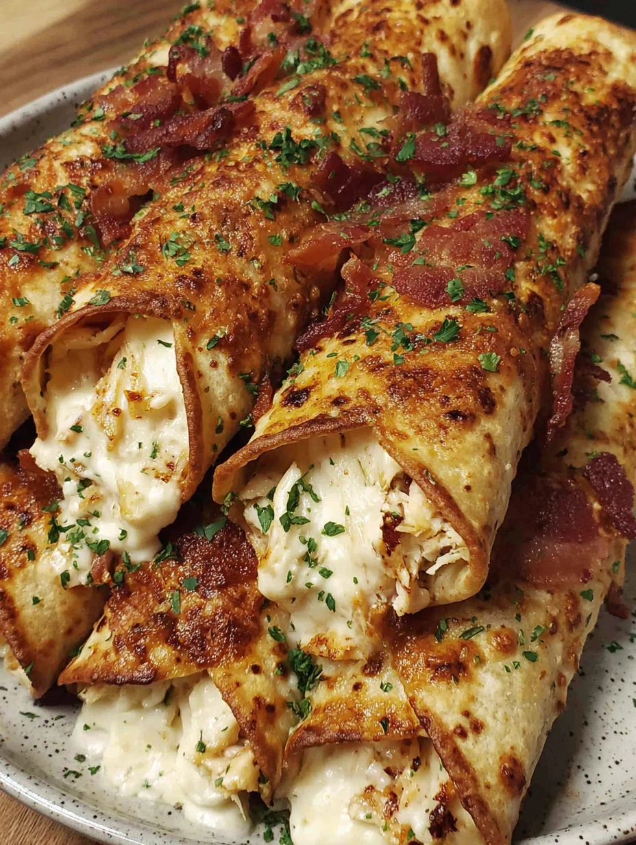 Crispy golden chicken bacon garlic Parmesan taquitos served hot with dipping sauces