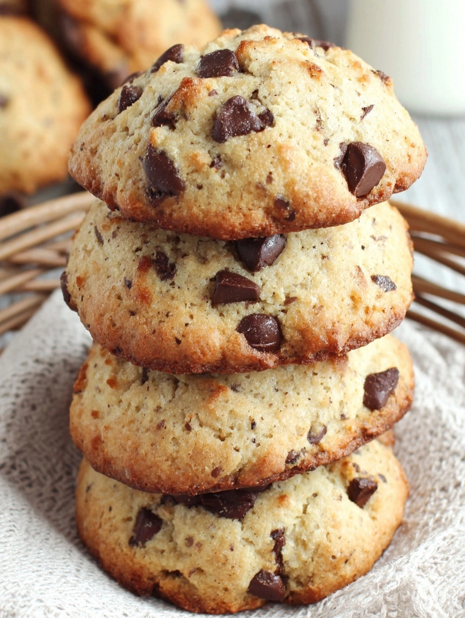 Soft cake-like banana bread cookies with semisweet chocolate chips and light golden edges