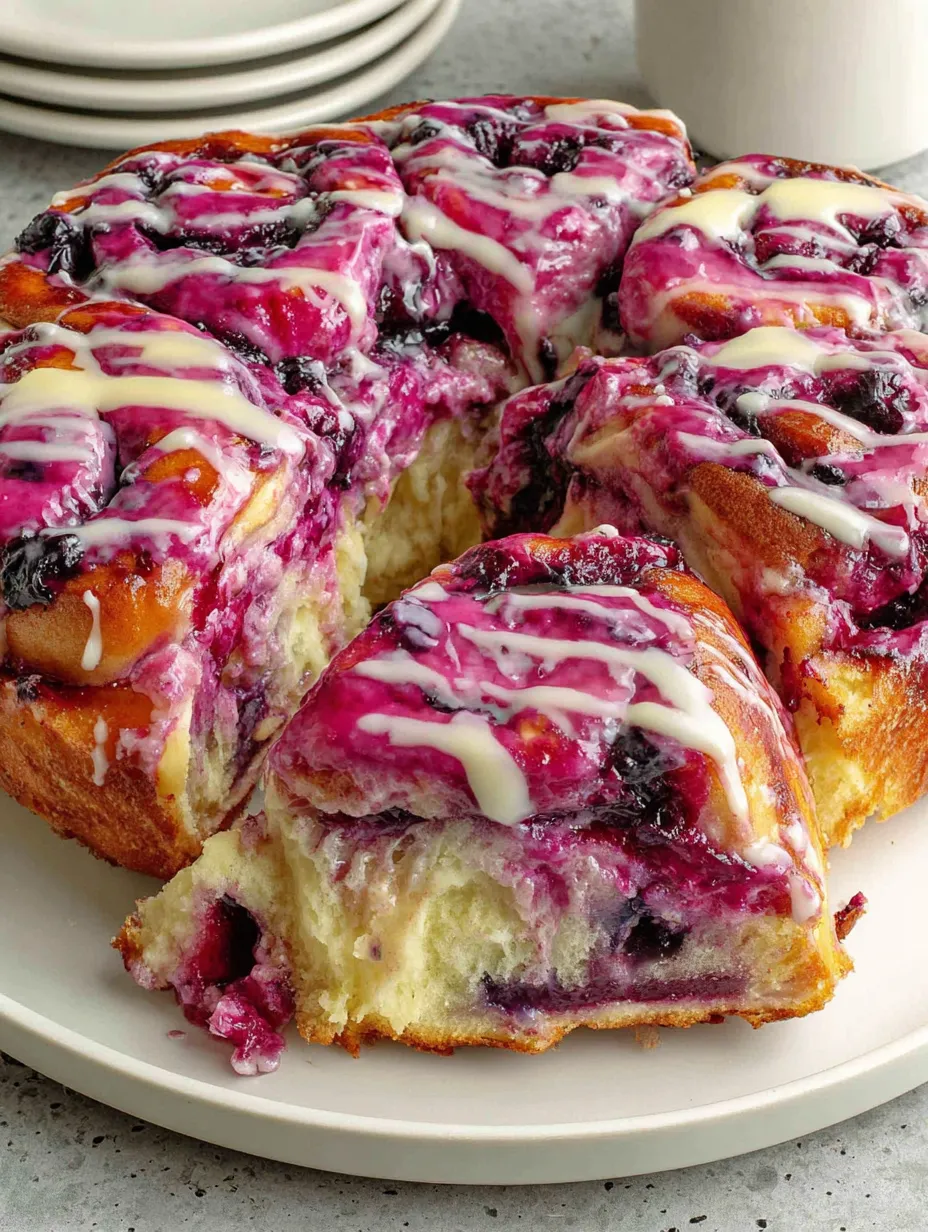 Golden blueberry sweet rolls with layered cream cheese filling and blueberry lemon icing