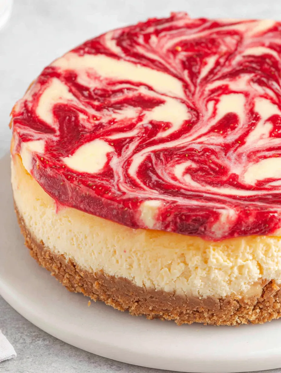 Chilled strawberry swirl cheesecake with a vanilla wafer crust and red fruit ribbons