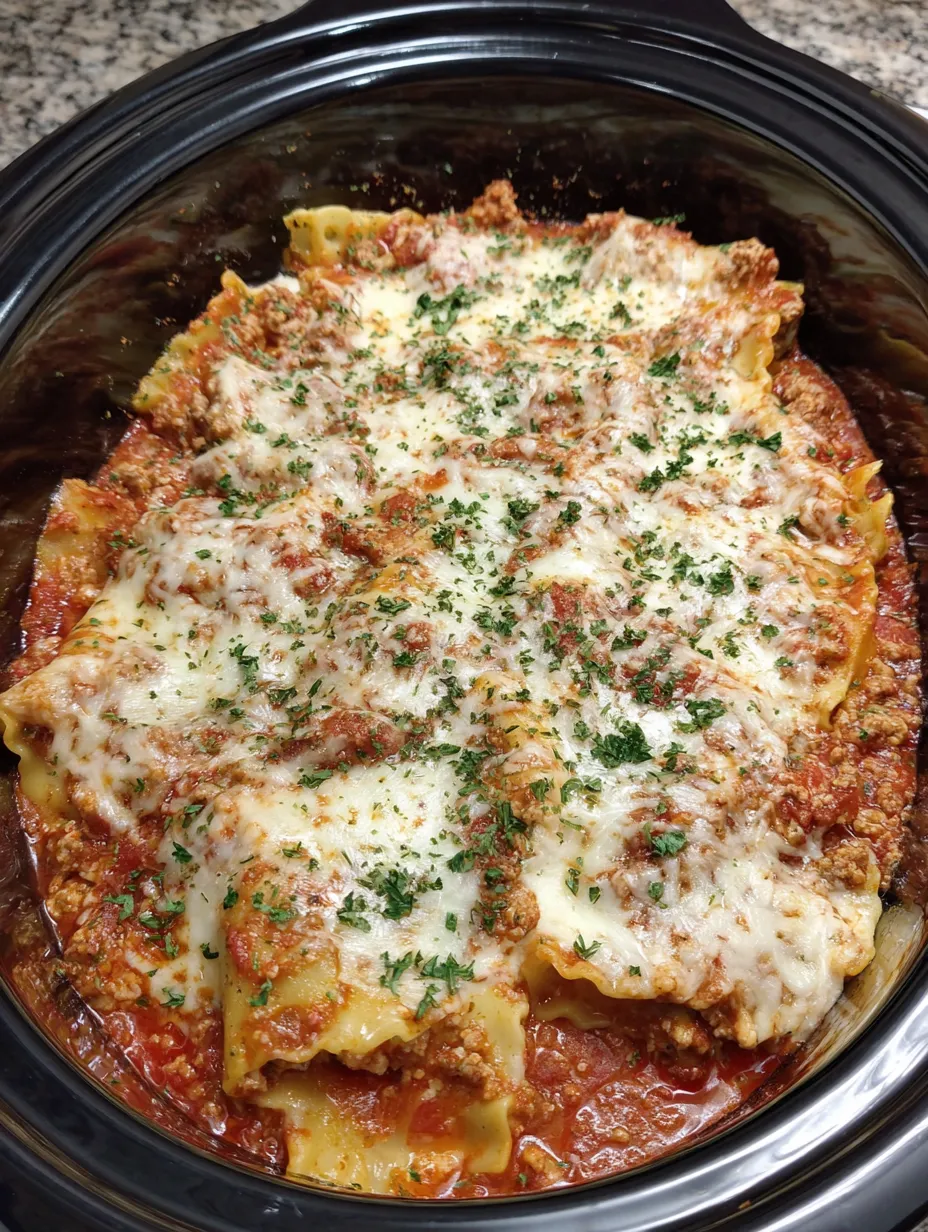 Crockpot Lasagna with tender pasta, beef marinara, ricotta, Parmesan, and melted mozzarella