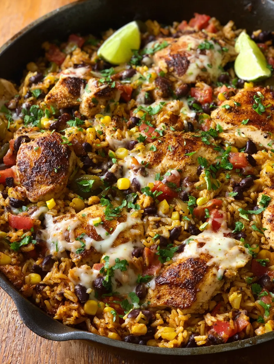 One Pan Fiesta Chicken and Rice with black beans, corn, tomatoes, lime, cilantro, and melted cheese