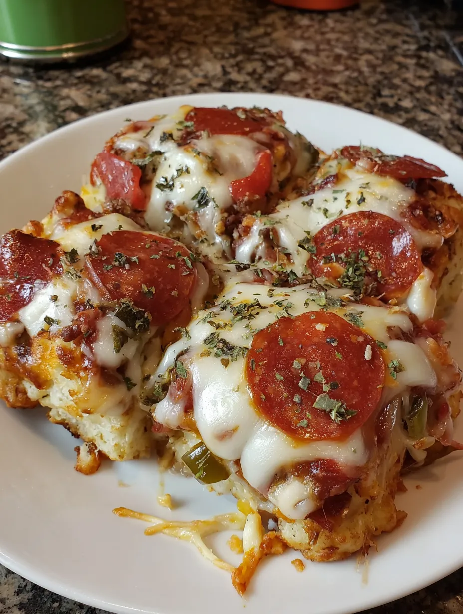 Bubble Up Pizza Bake with golden garlic biscuit pieces, Italian sausage, melted mozzarella, and crisp pepperoni
