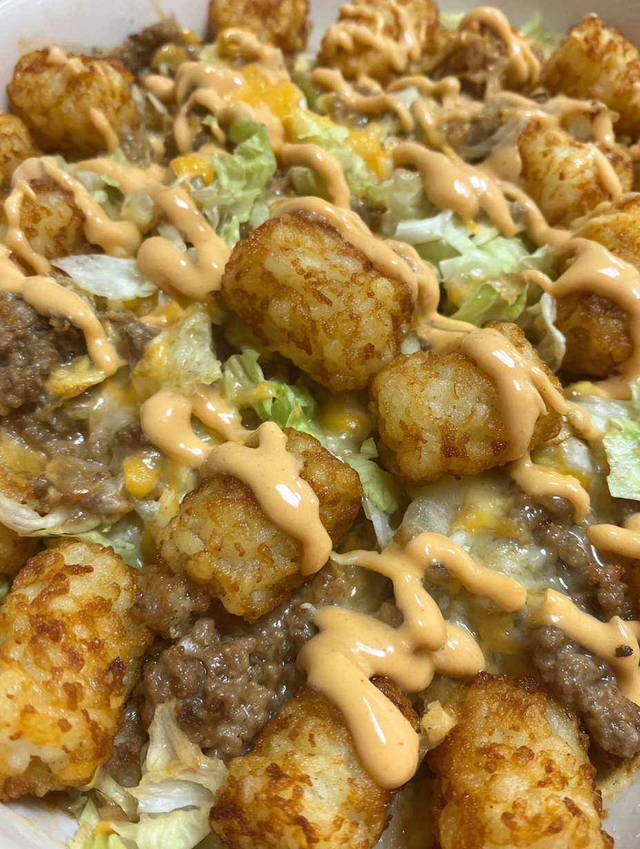 Big Mac tater tot casserole with crisp potatoes, seasoned cheeseburger filling, melted cheddar, lettuce, and burger sauce