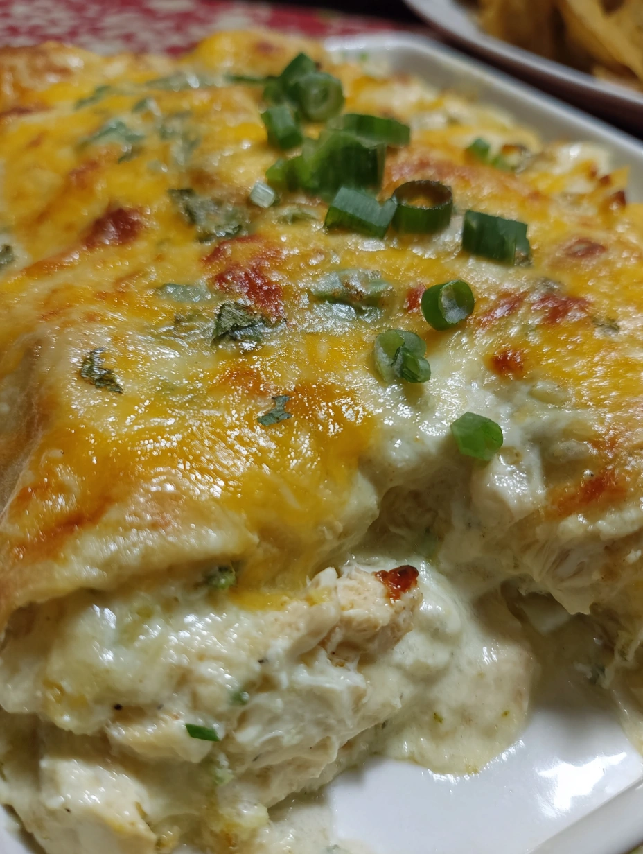 Cream cheese chicken enchiladas baked with Hatch chile sauce, cheddar, and pepper jack